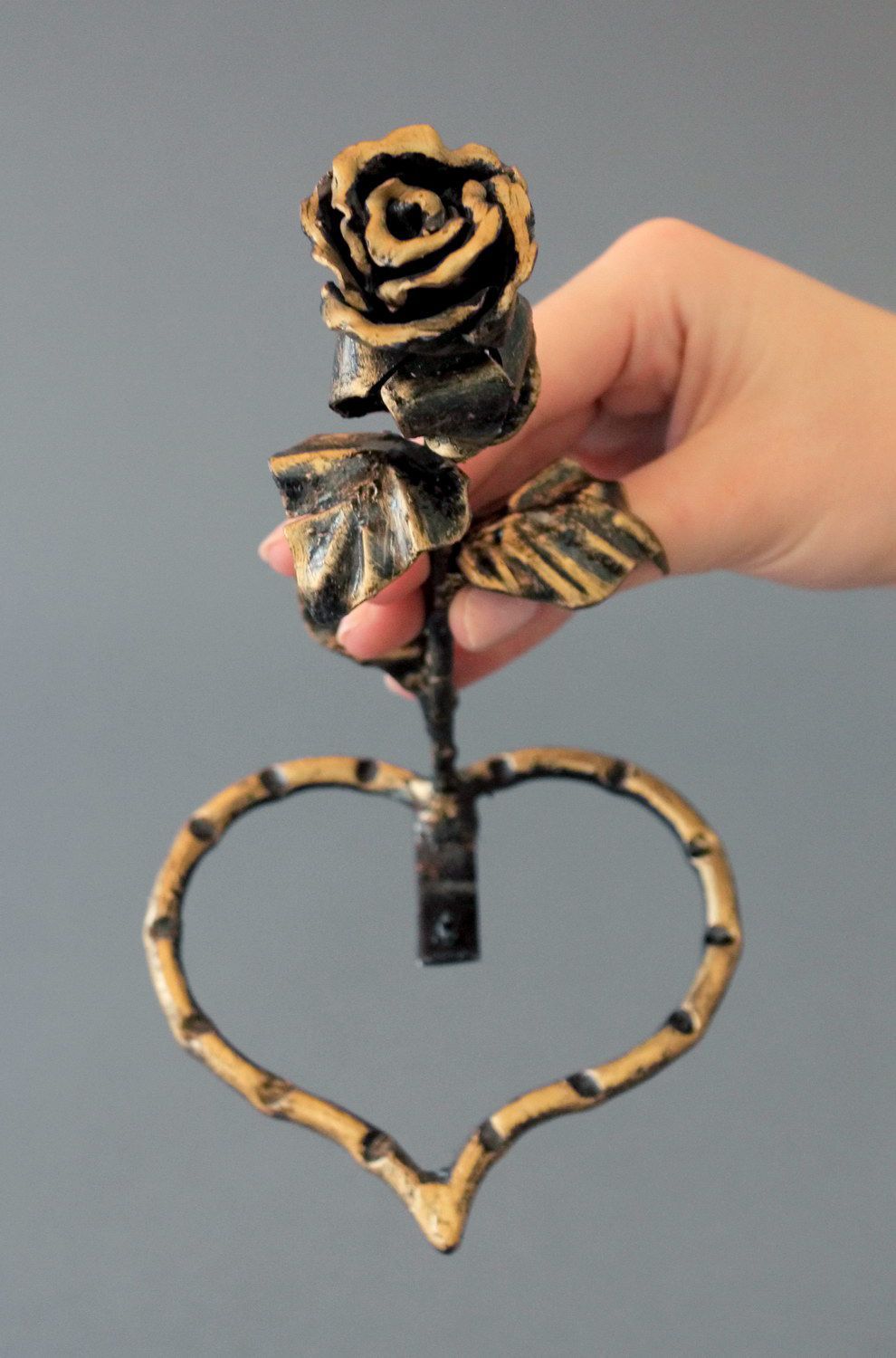 Metal forged candlestick Rose and heart photo 5