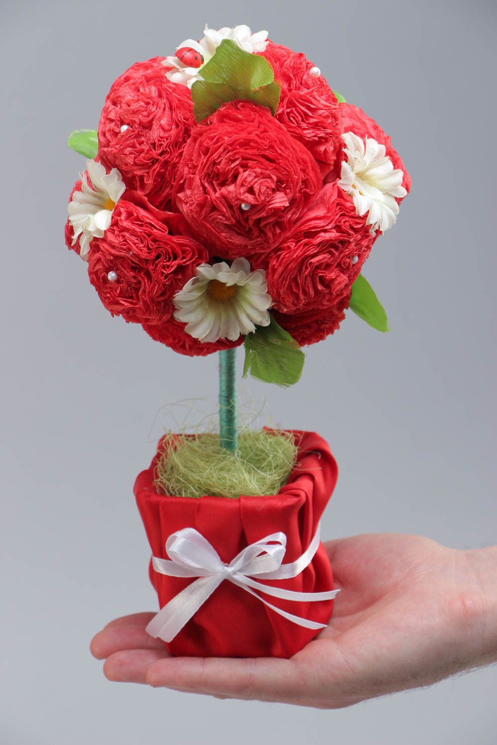 Handmade decorative large red topiary with artificial flowers for interior  photo 5