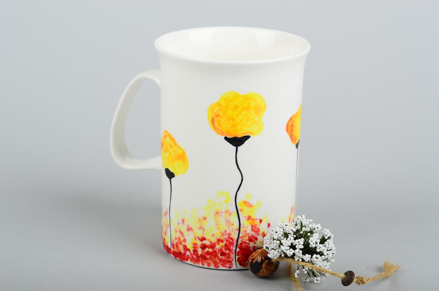 Tall white ceramic teacup with yellow flowers hand painting great gift for a girl 0,54 lb photo 1