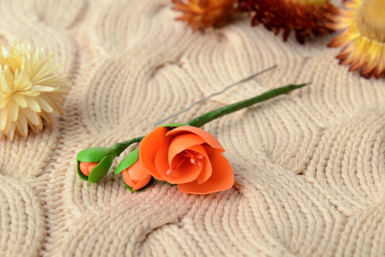 Handmade decorative metal hair pin with cold porcelain flower of orange color photo 1