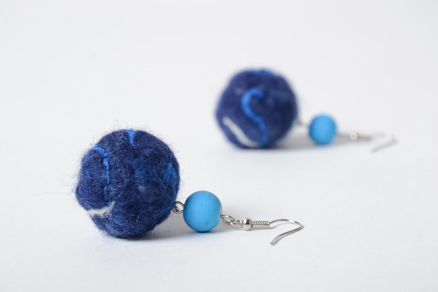 Handmade designer felted wool ball earrings of blue color women's accessory photo 2