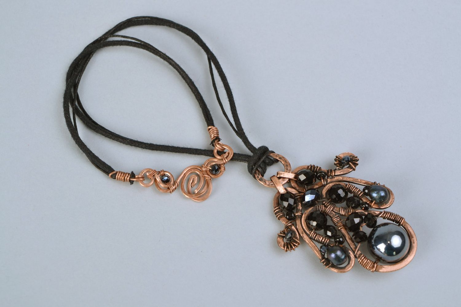 Handmade jewelry set wire wrap copper pendant and headband with fresh-water pearls photo 3