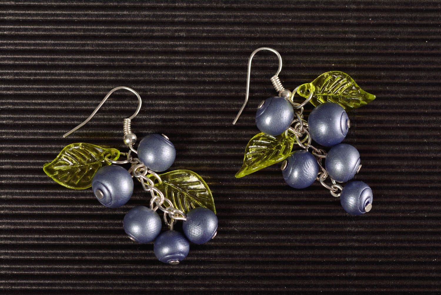 Handmade designer dangle earrings with bark blue polymer clay beads and leaves photo 4