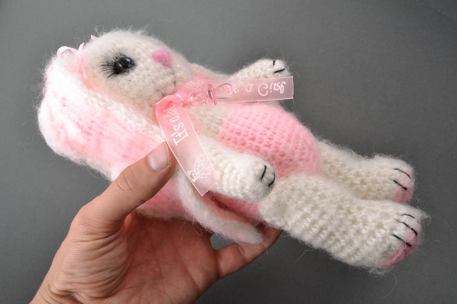Handmade decorative toy bunny white with pink beautiful crocheted interior element photo 2
