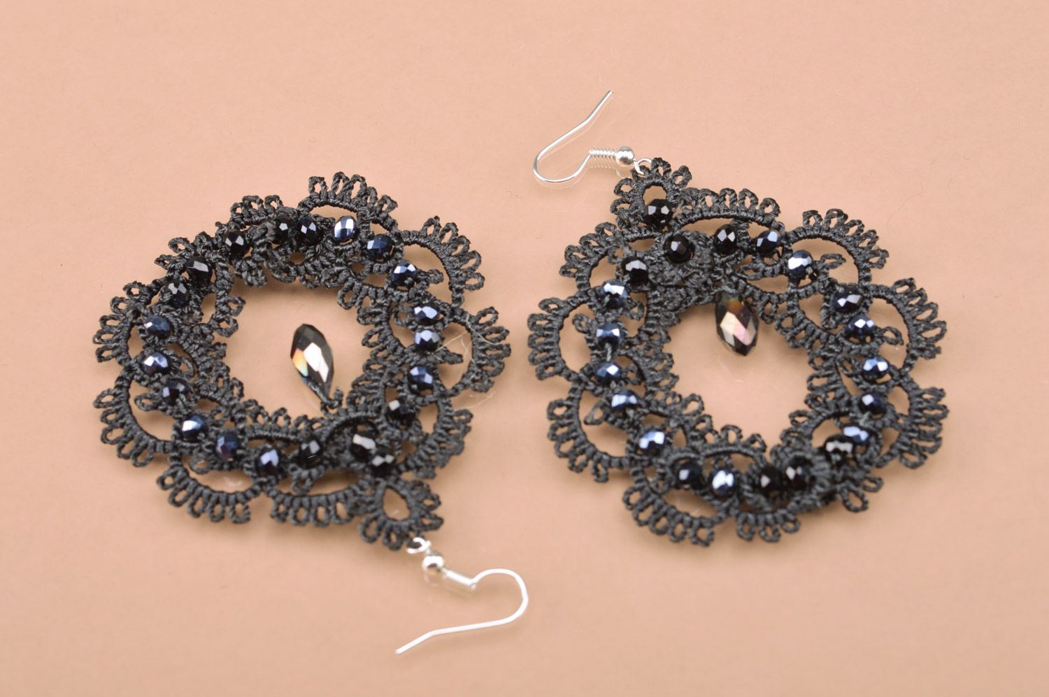 Large black lacy handmade earrings woven of satin threads using tatting technique photo 4