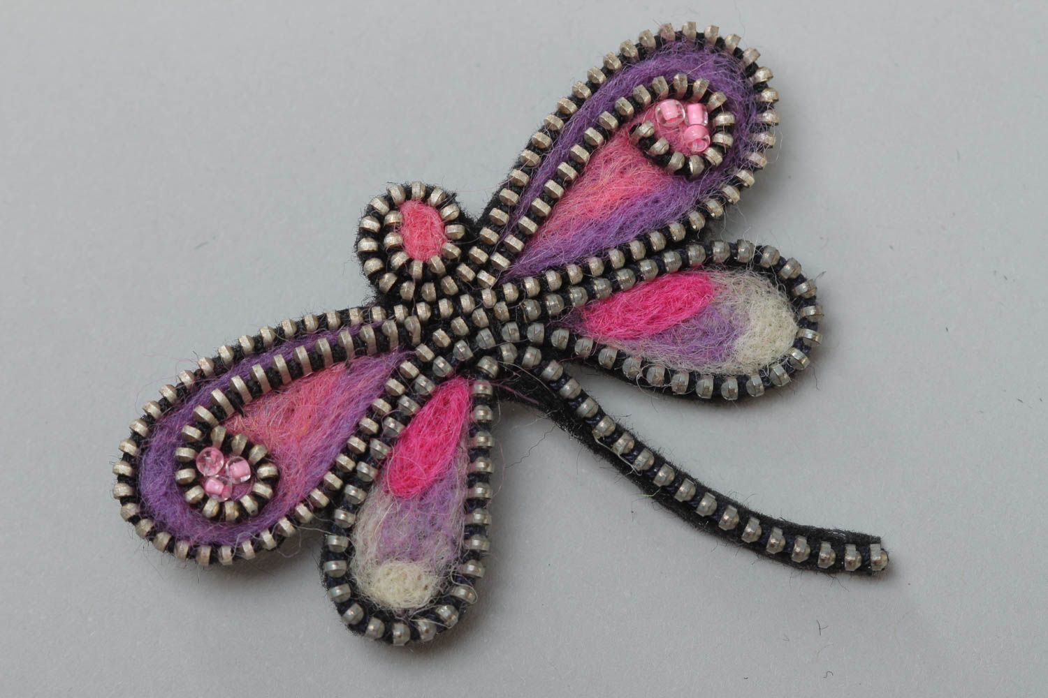 Handmade zipper woolen brooch with felt elements beautiful designer dragonfly photo 2