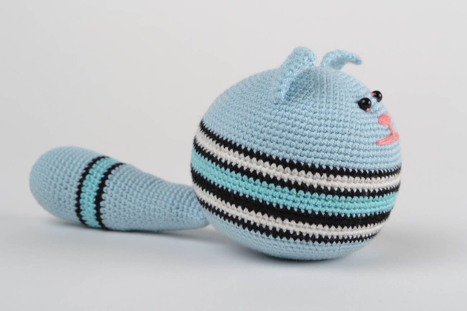 Handmade anti-stress soft toy striped blue cat crocheted of acrylic threads photo 4