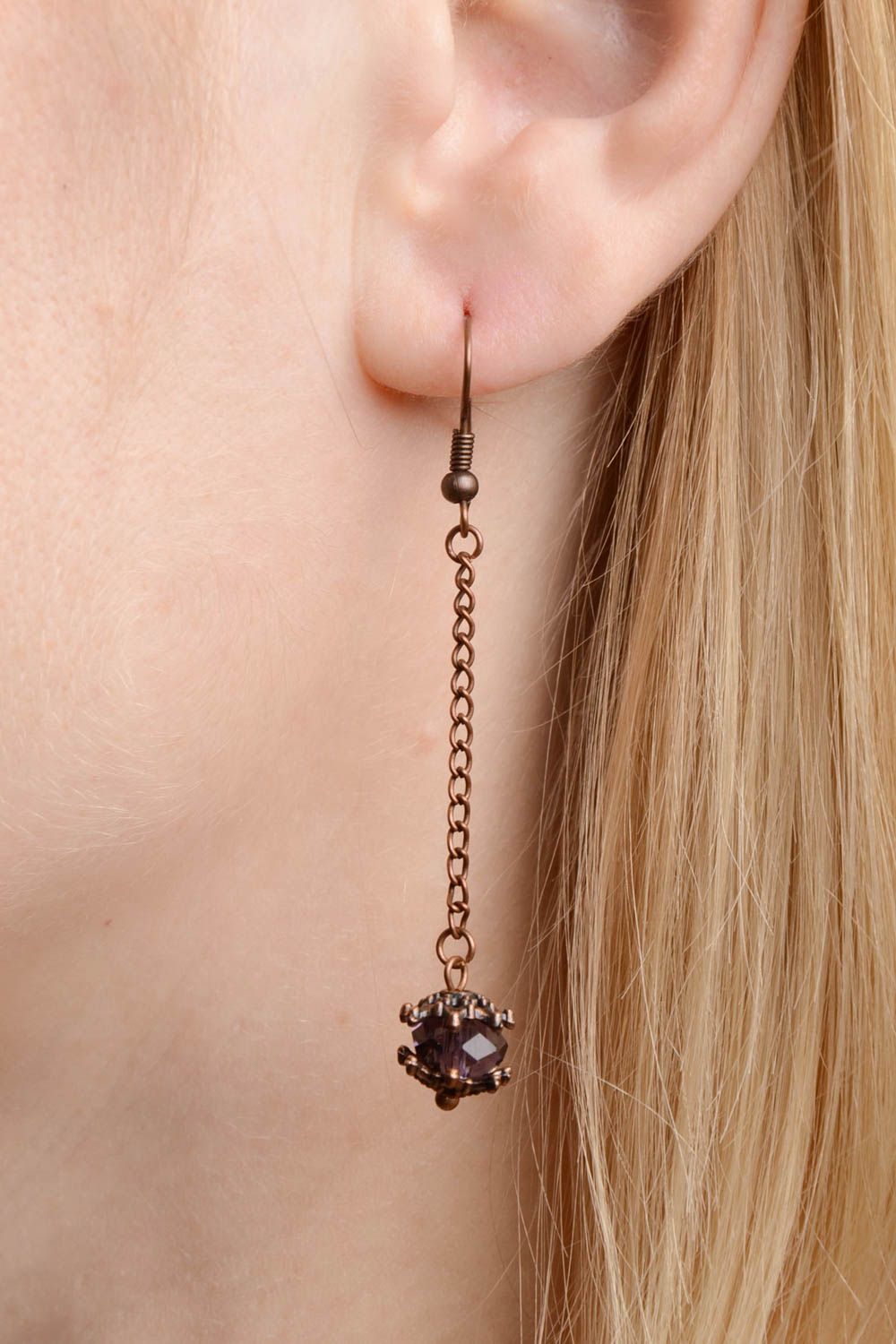 Small handmade long copper earrings with beads unusual stylish women's jewelry photo 2