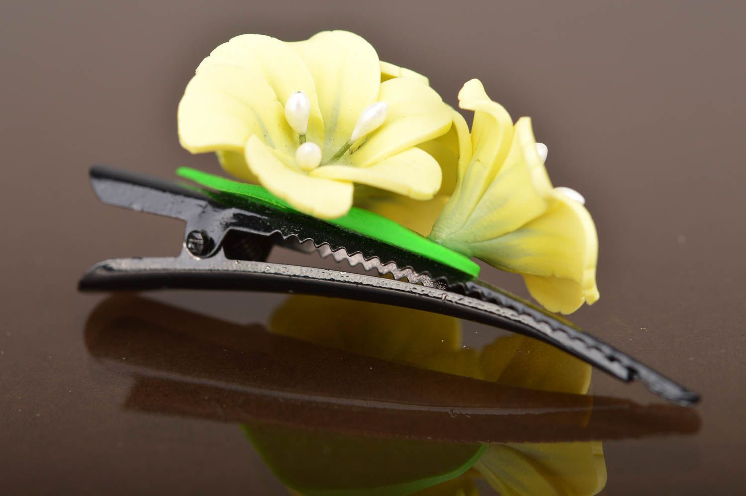 Handmade cute hair clip with flowers made of polymer clay yellow flowers photo 4