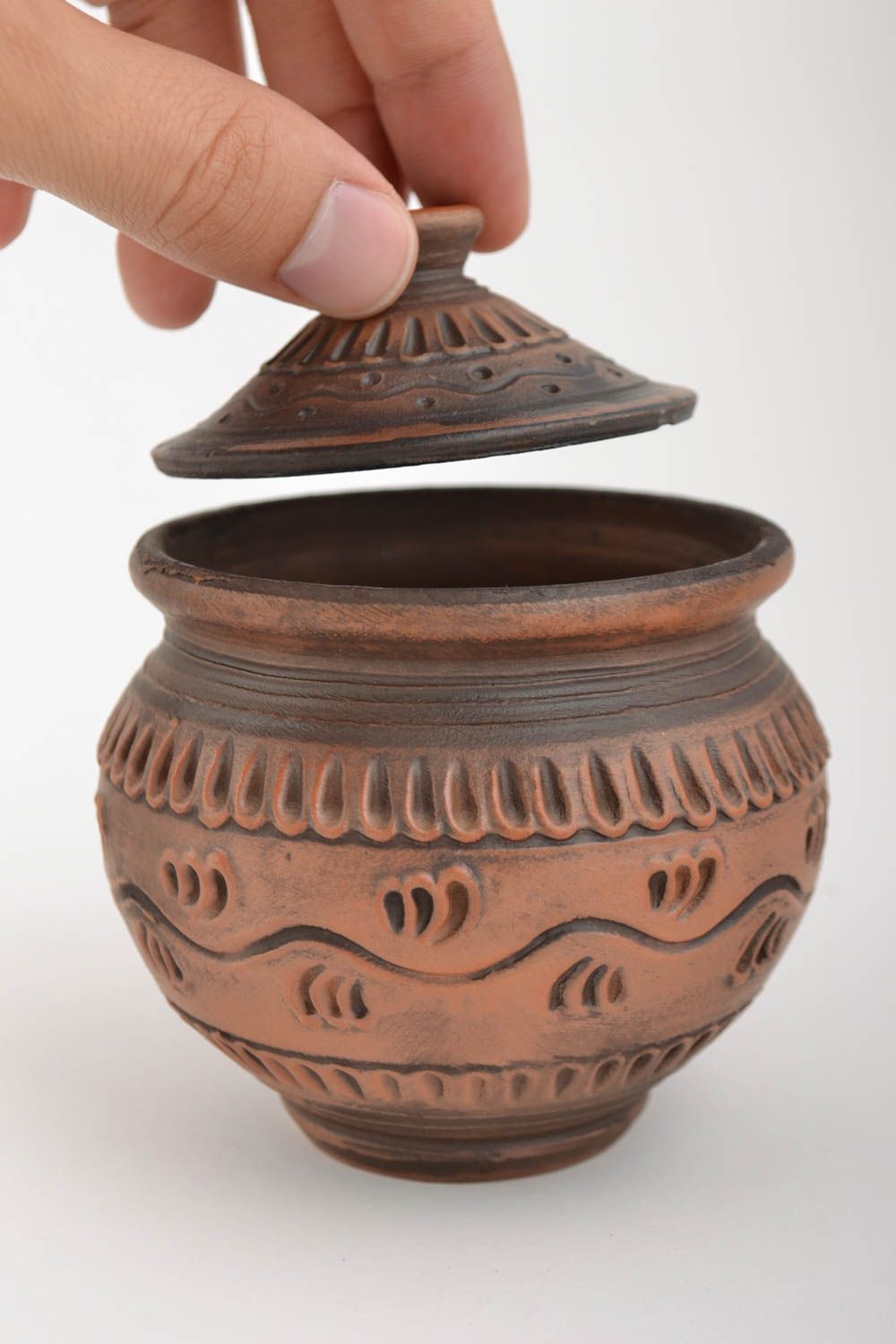 Small handmade designer clay ceramic salt pot with lid 200 ml photo 2