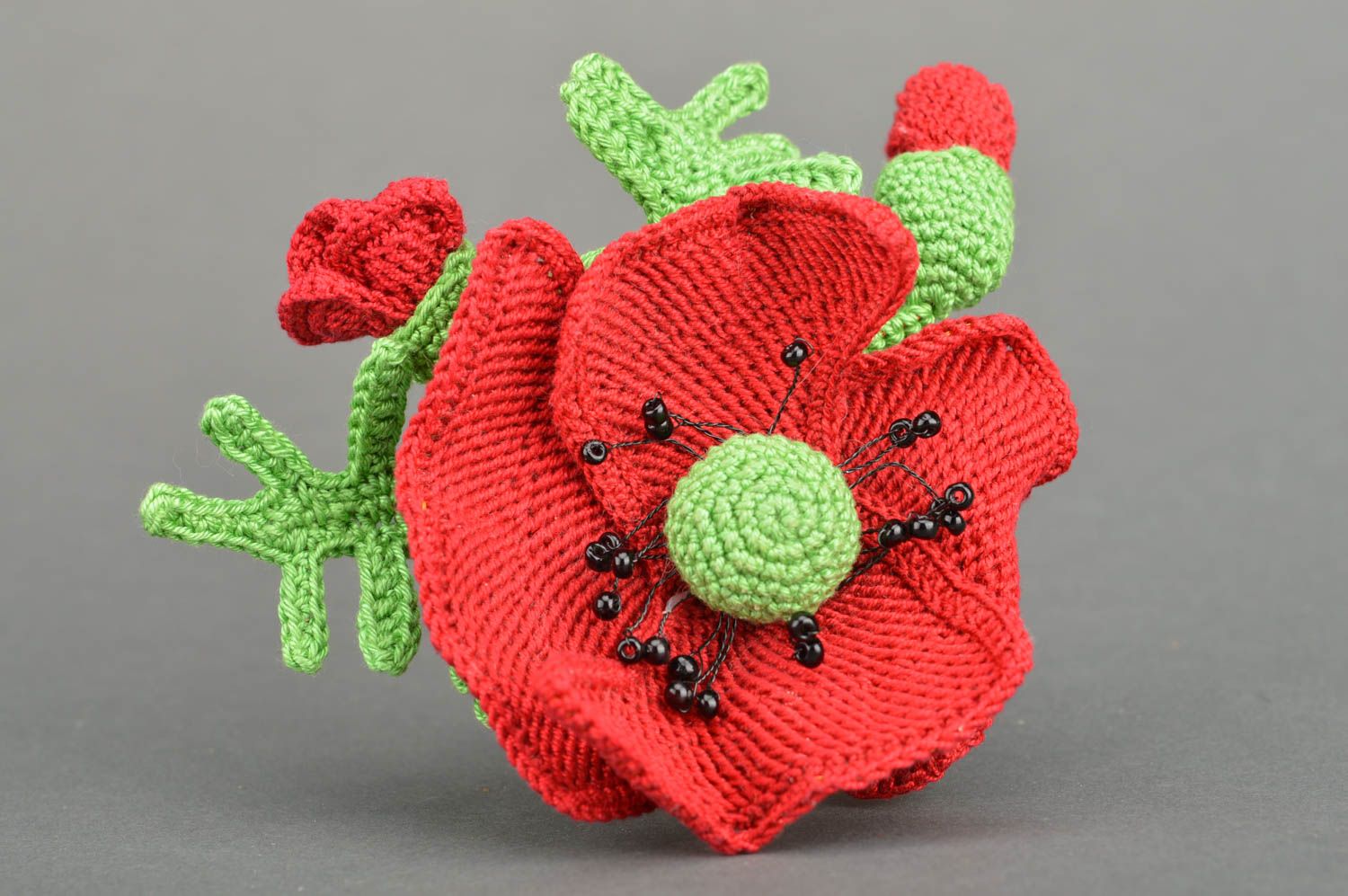 Handmade designer hair clip brooch crocheted of cotton threads red flower photo 2