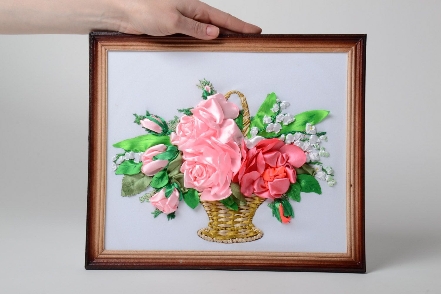 Beautiful handmade ribbon embroidery with flowers in wooden frame photo 5