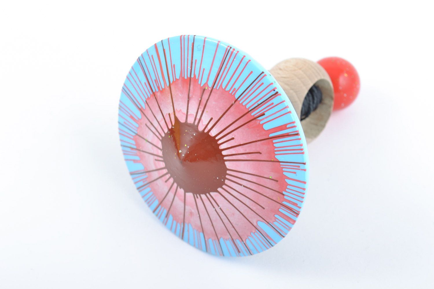 Bright handmade painted wooden toy spinning top with ring for children's fine motor skills photo 4