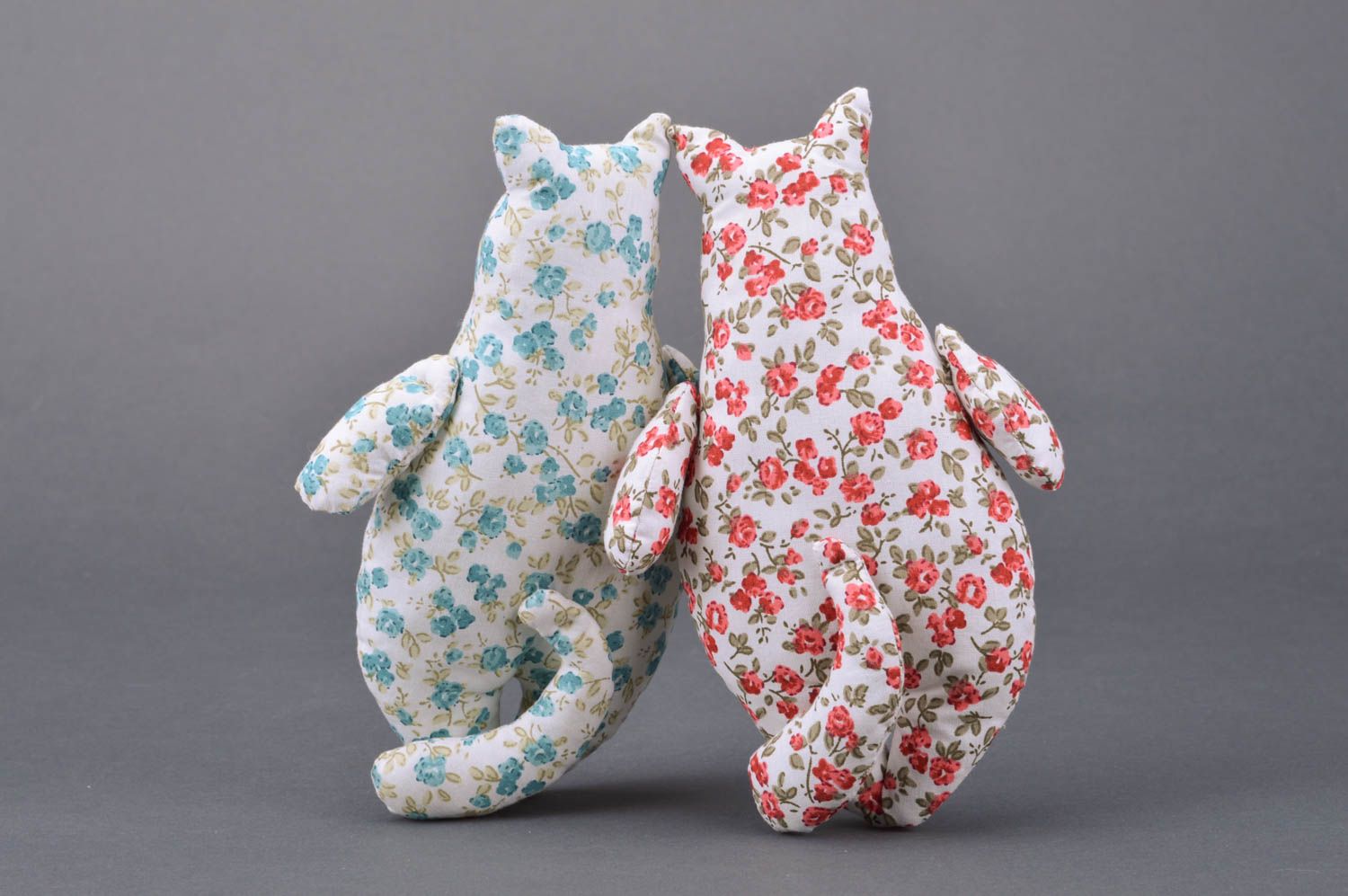 Handmade set of fabric toys 2 pieces made of cotton with flower pattern photo 5