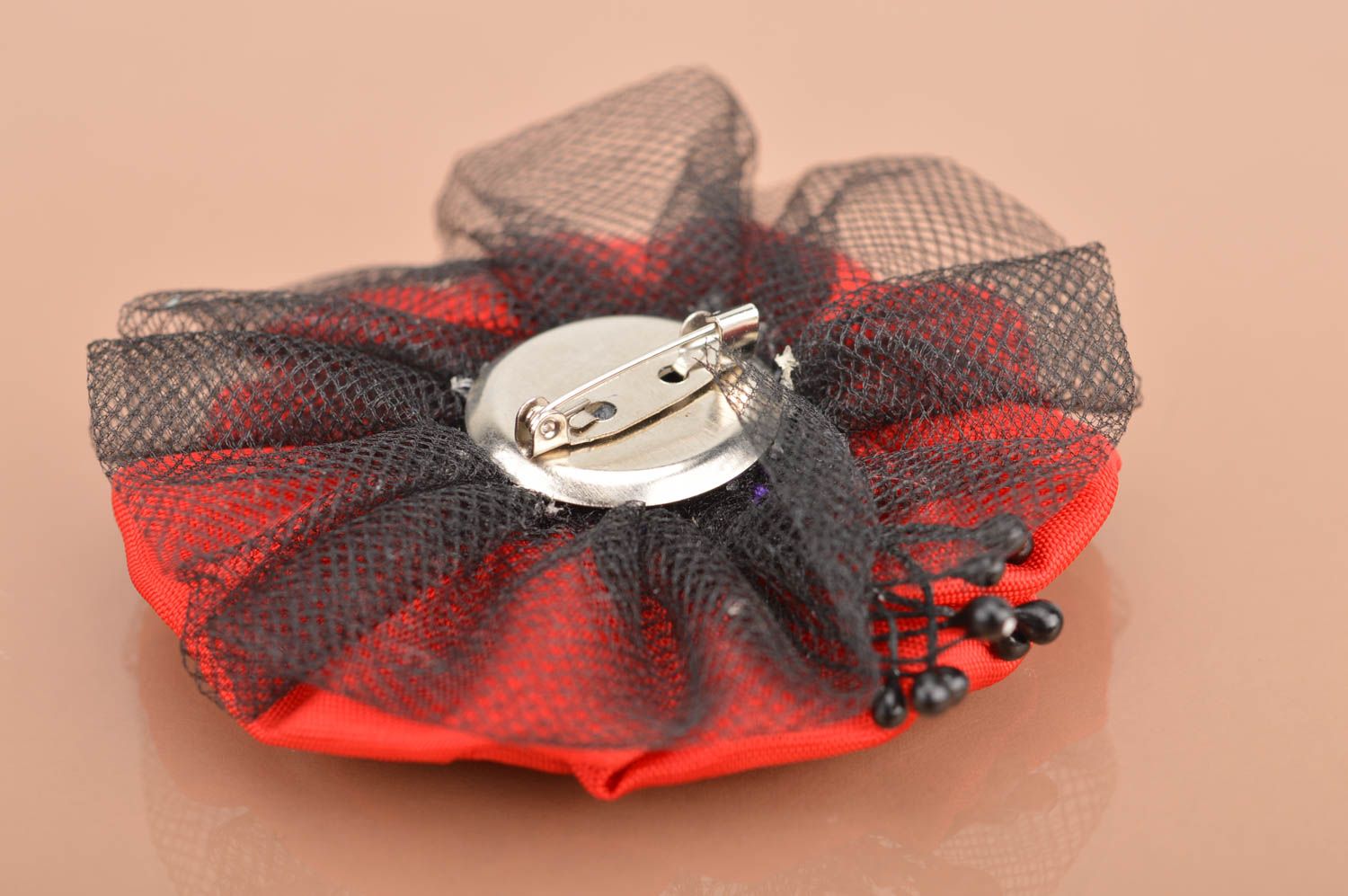 Red satin brooch in the shape of flower elegant kanzashi accessory gift for girl photo 5
