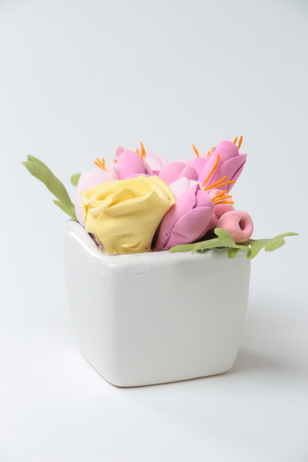 Beautiful handmade pink polymer clay flowers in pot interior composition photo 4