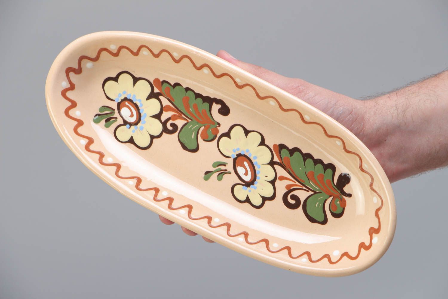 Handmade beautiful painted red clay long plate for fish photo 5