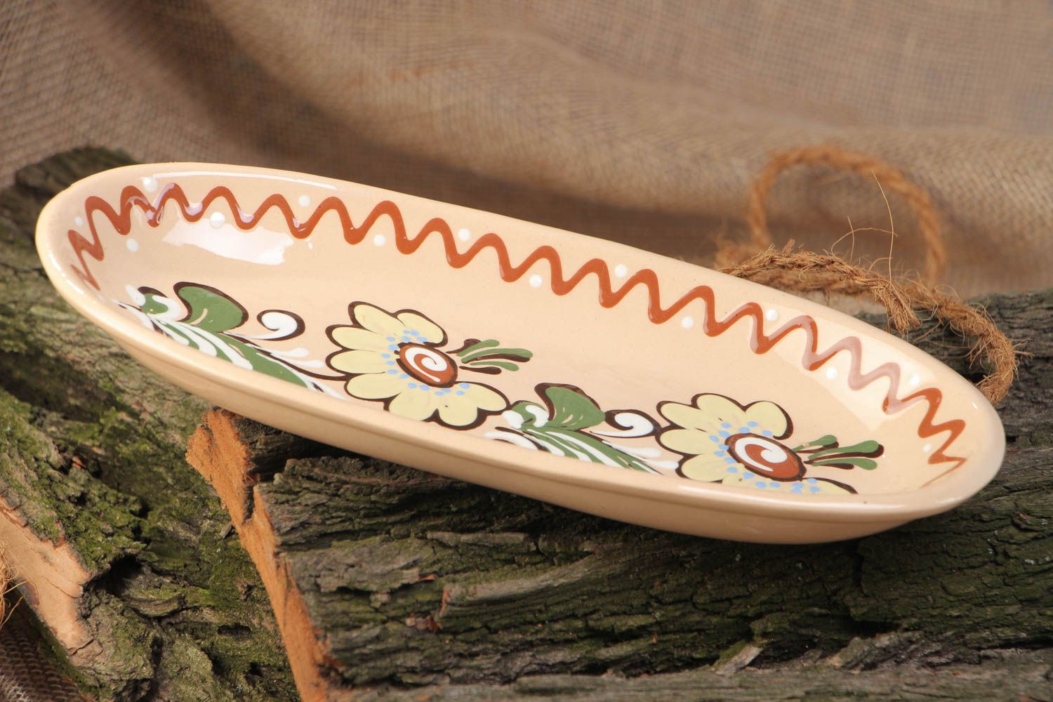 Handmade decorative ceramic long plate ornamented with colorful glaze for fish photo 1