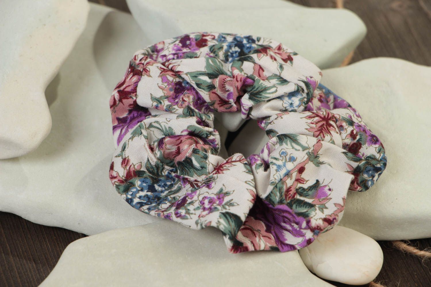 Beautiful handmade large textile hair tie of light color with flower print photo 1