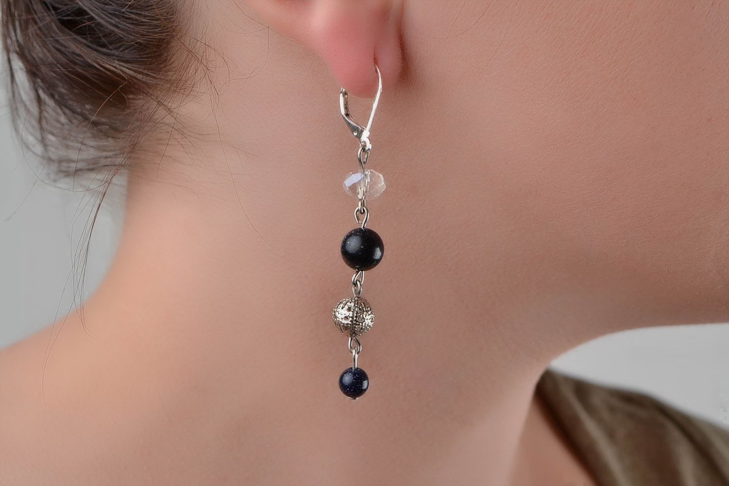 Handmade long dangling designer earrings with aventurine and crystal Black Berry photo 2