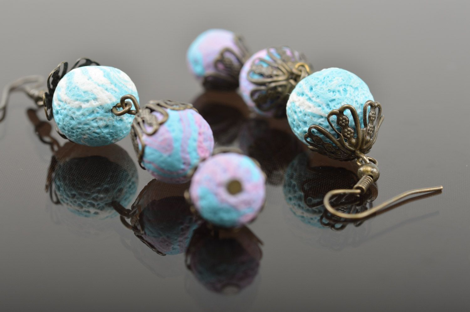 Unusual gentle handmade polymer clay ball earrings for women photo 4
