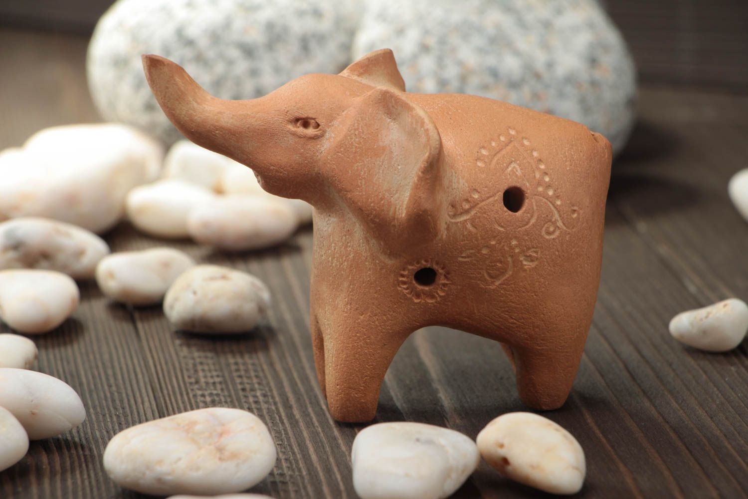 Small handmade brown clay ocarina in the shape of elephant ceramic penny whistle photo 1