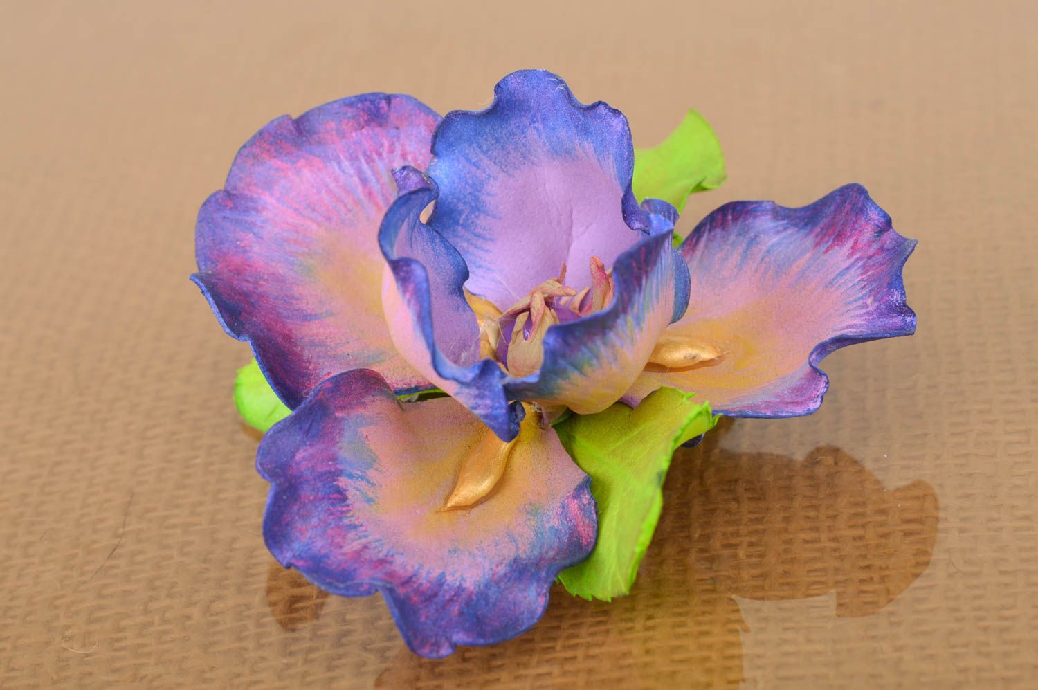 Handmade stylish beaded brooch-hairpin made of foamiran purple orchid  photo 2