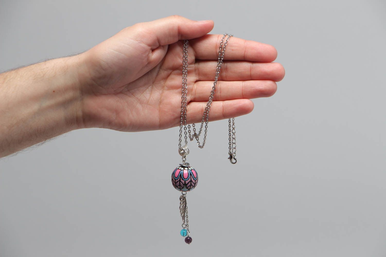 Handmade round pendant unusual accessory for girls stylish painted jewelry photo 5