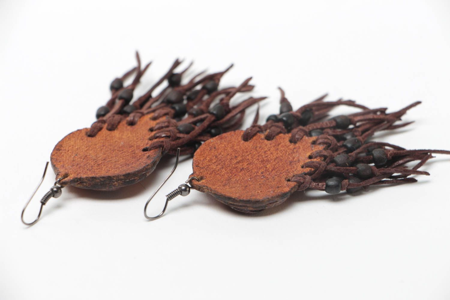 Handmade long leather earrings with fringe and natural tiger's eye stone photo 4