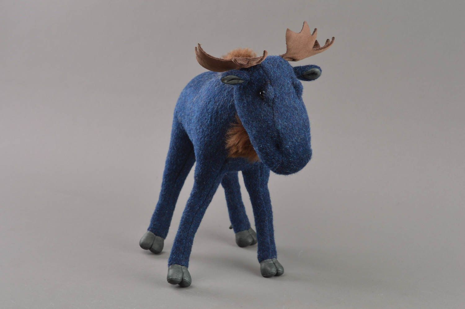 Small handmade blue soft toy elk sewn of half woolen fabric for kids and decor photo 3