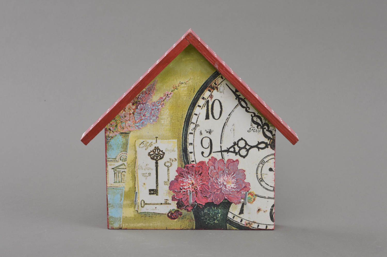 Beautiful handmade designer decoupage wooden wall key holder Clock home decor photo 1