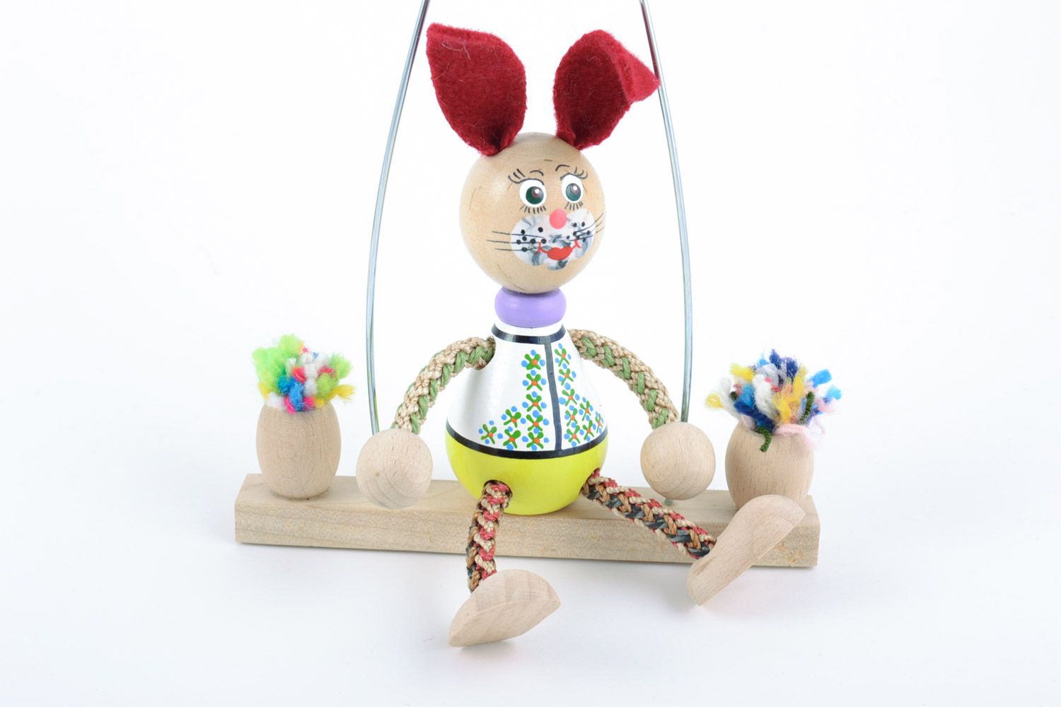 Small painted eco friendly toy rabbit hand made of beech wood for children photo 3