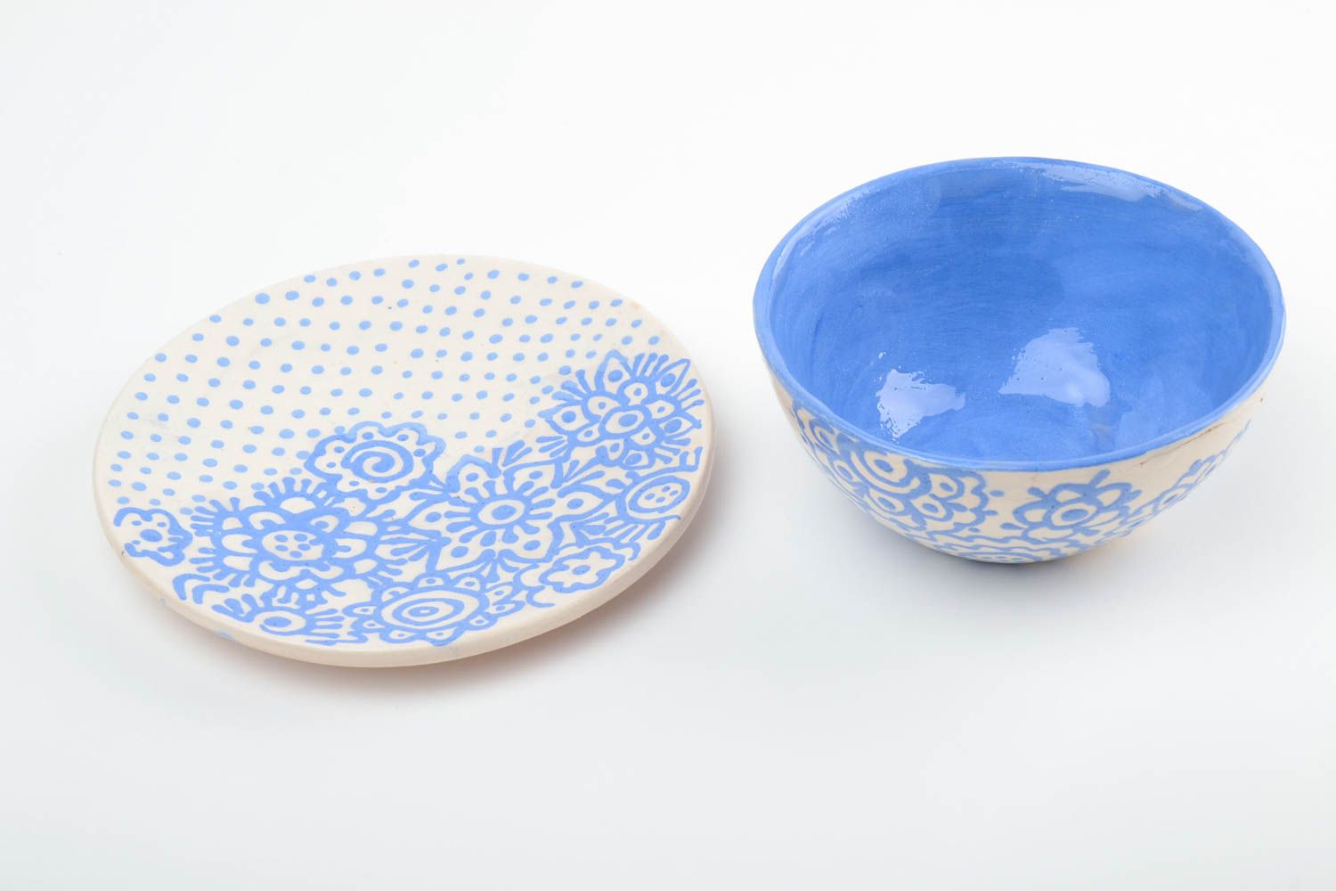 Schöne Ton Suppen Schüssel mit Unterteller blau mit weißen Mustern handmade foto 4