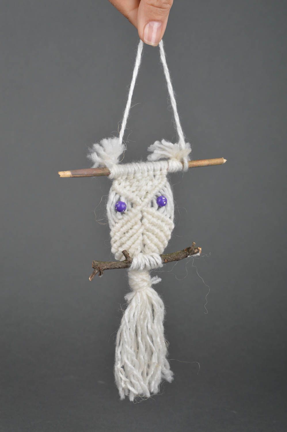Handmade Deko Eule in Makramee Technik aus Bindfäden und Zweigen für Geschenk foto 5