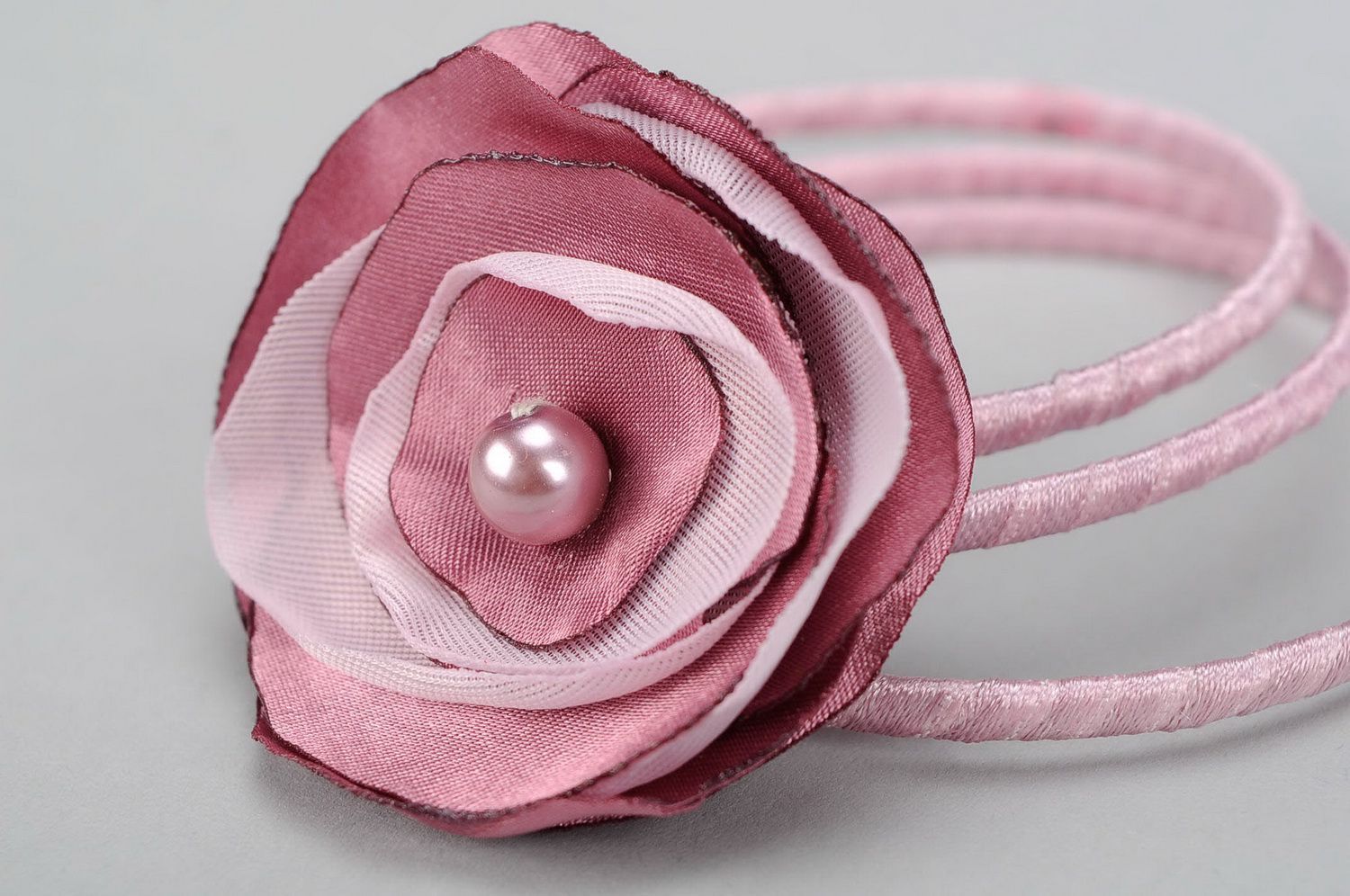 Bracelet with flower made of organza and satin Snowy plum photo 3