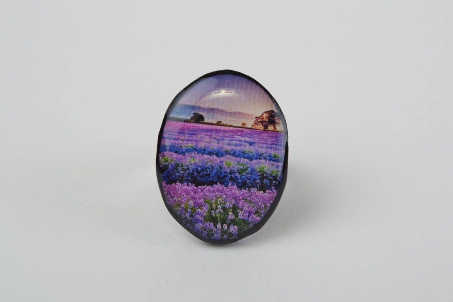 Handmade women's polymer clay decoupage oval ring on metal basis Lavender photo 3
