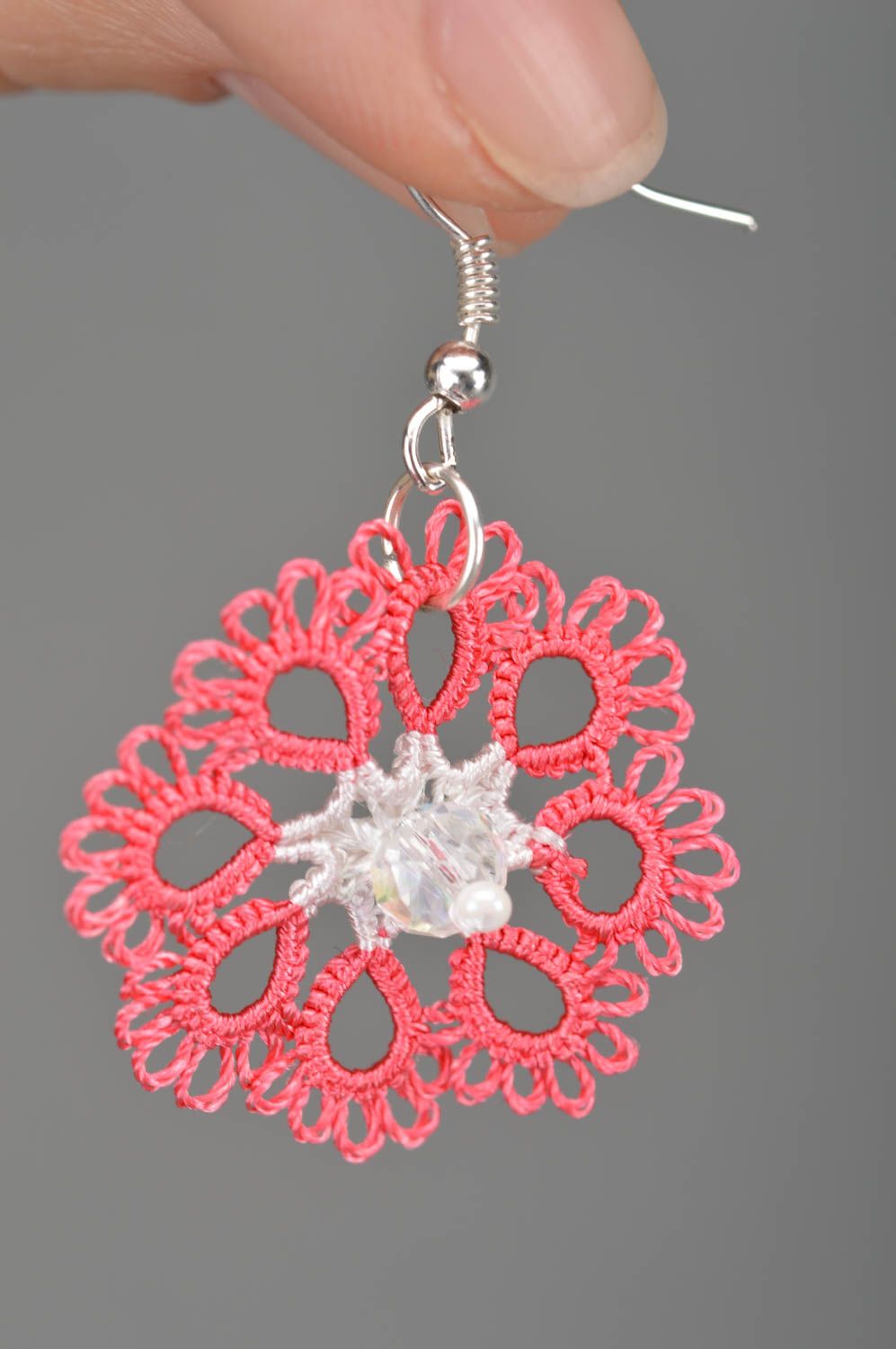 Crocheted tatting earrings small pink handmade summer accessory for girls photo 3