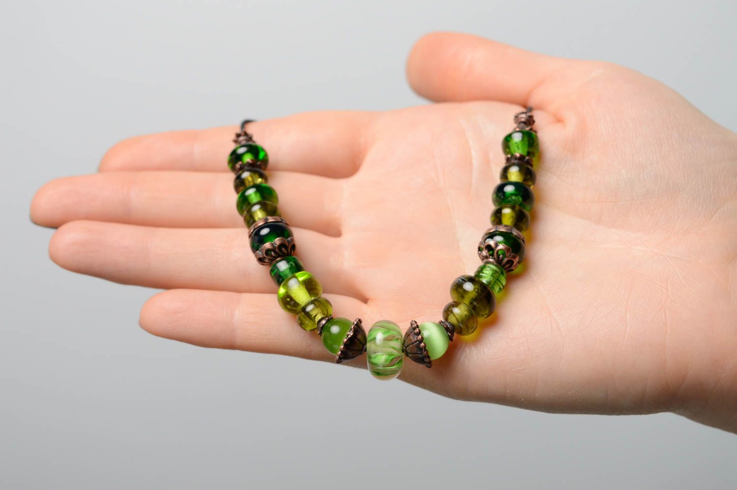 Lampwork bead necklace of green color photo 5