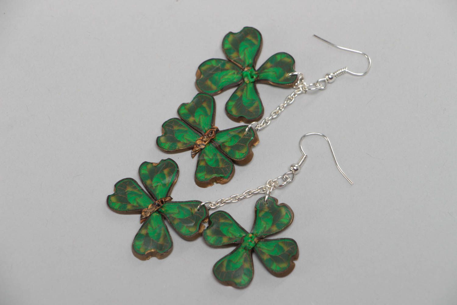 Earrings made of polymer clay in the form of long green butterflies hand made photo 2