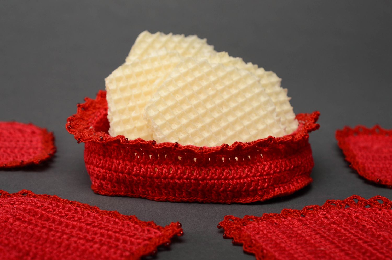 Heart shaped crochet candy bowl and coasters photo 1