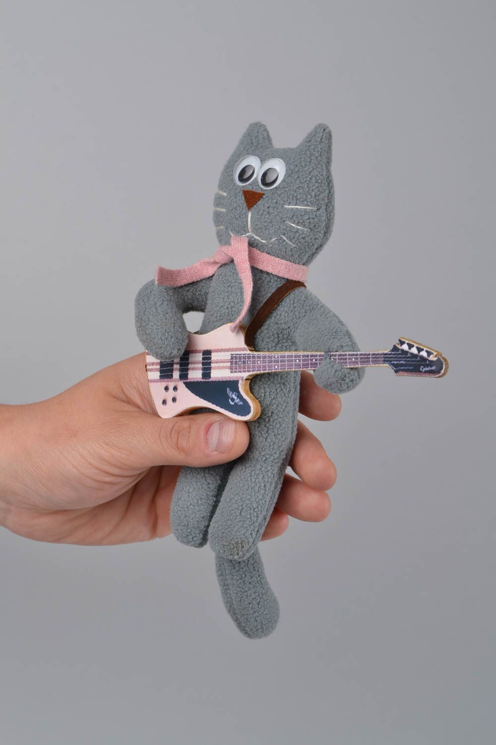 Handmade small designer soft toy sewn of gray fleece Cat with guitar for kids photo 2