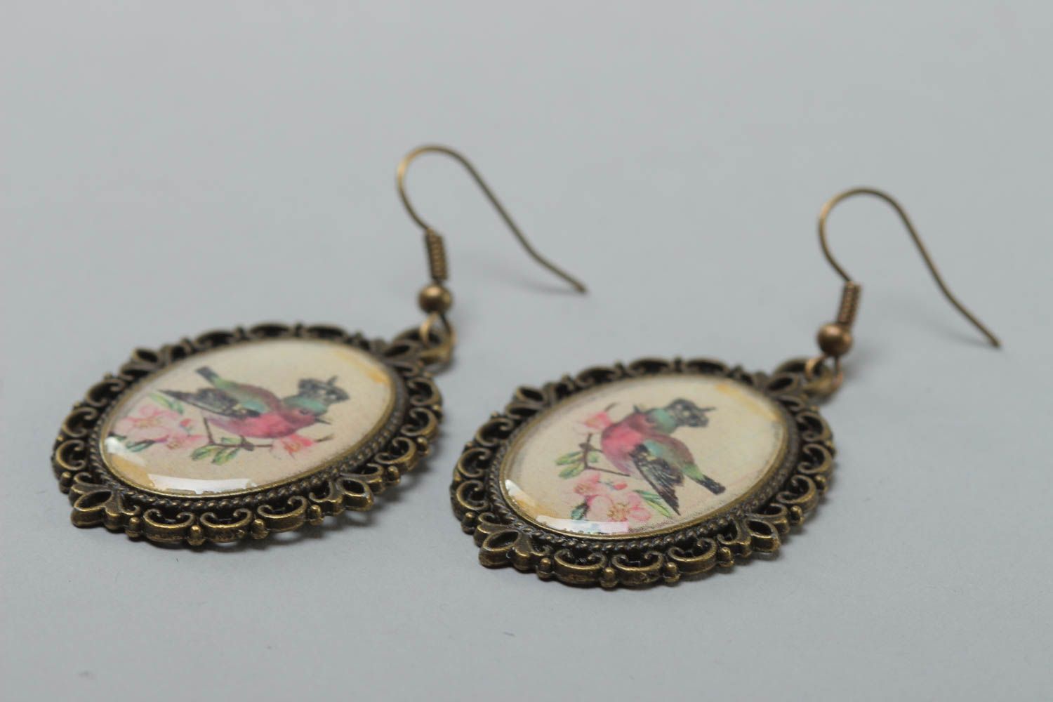 Boucles d'oreilles vintage avec oiseaux faites main ovales en glaçure spéciale photo 3