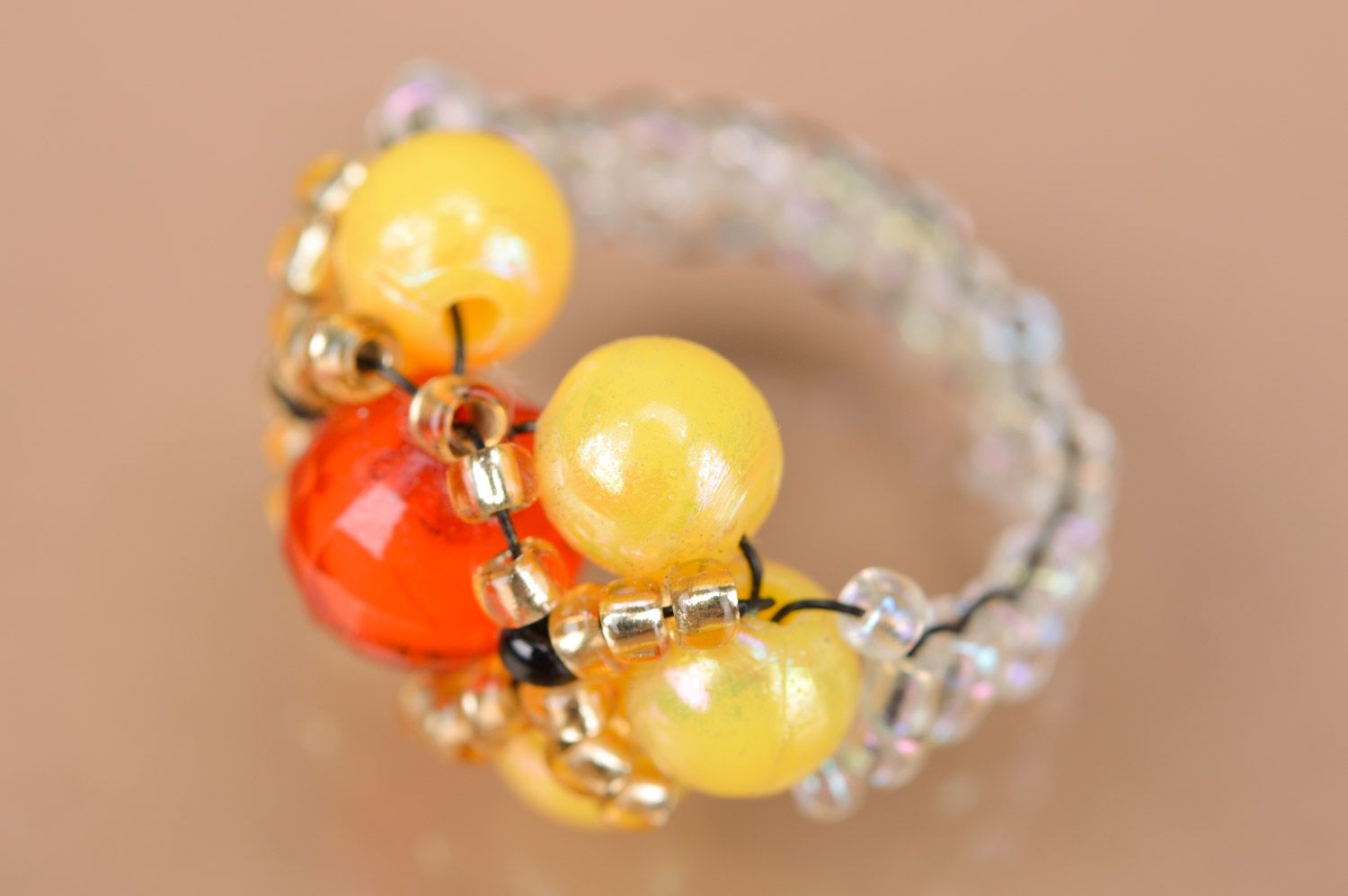 Handmade red and yellow beaded ring in the shape of flower for little girl photo 4