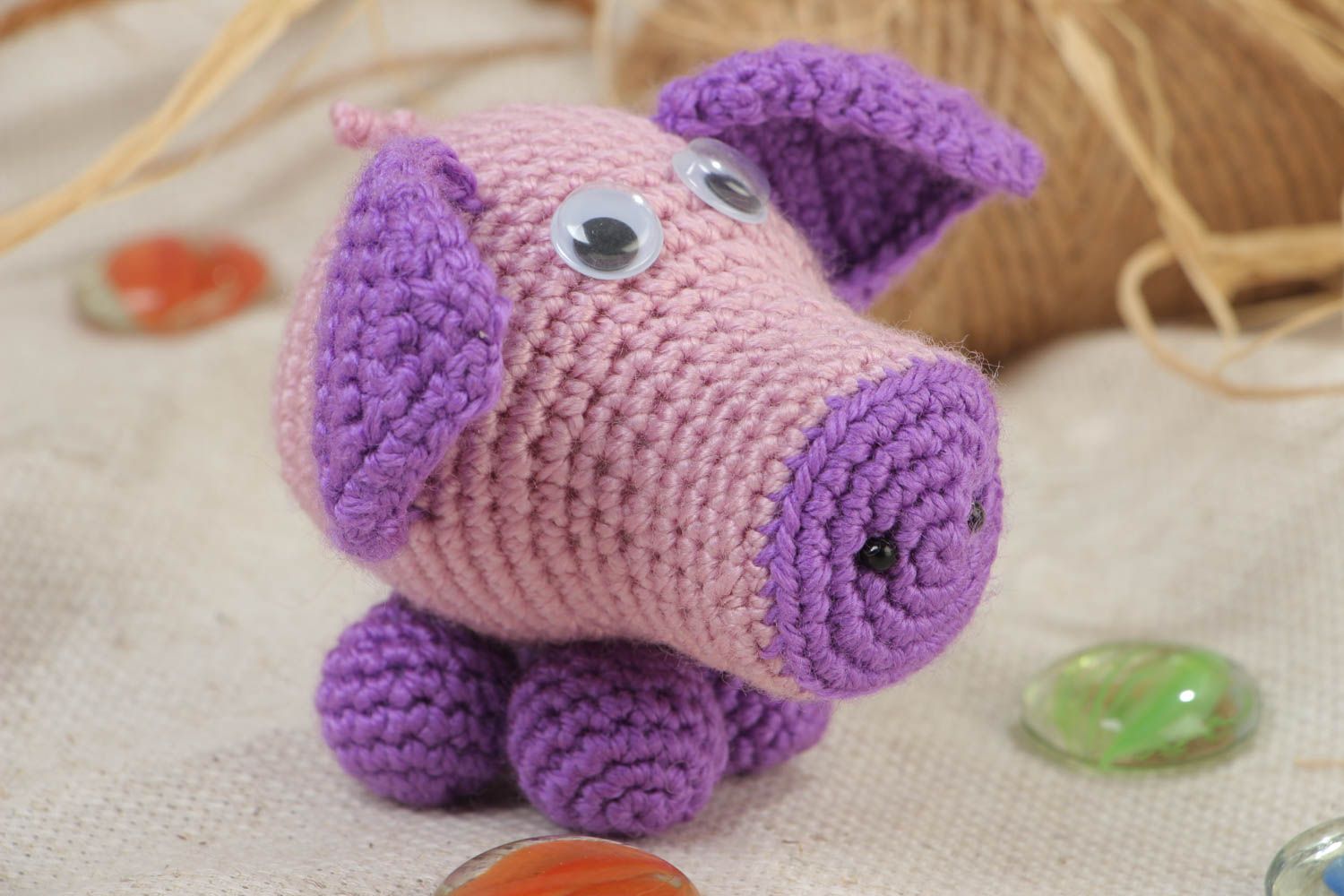 Handmade small soft toy crocheted of acrylic threads of violet color shades Pig photo 1