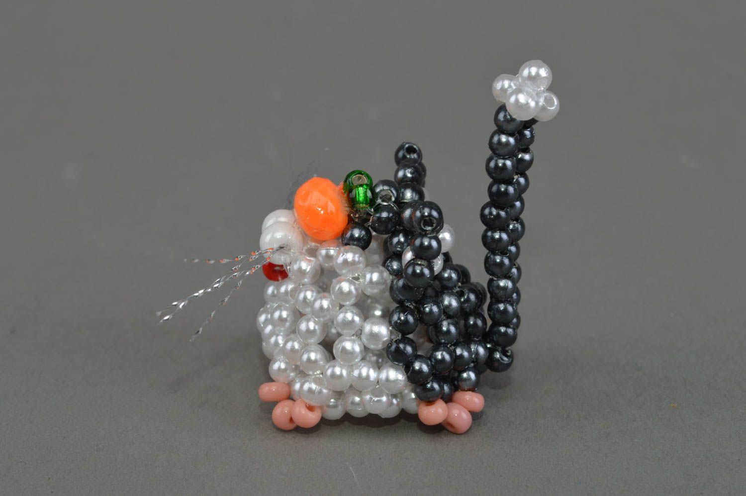 Small funny handmade beaded animal figurine of cat with orange nose for decor photo 2