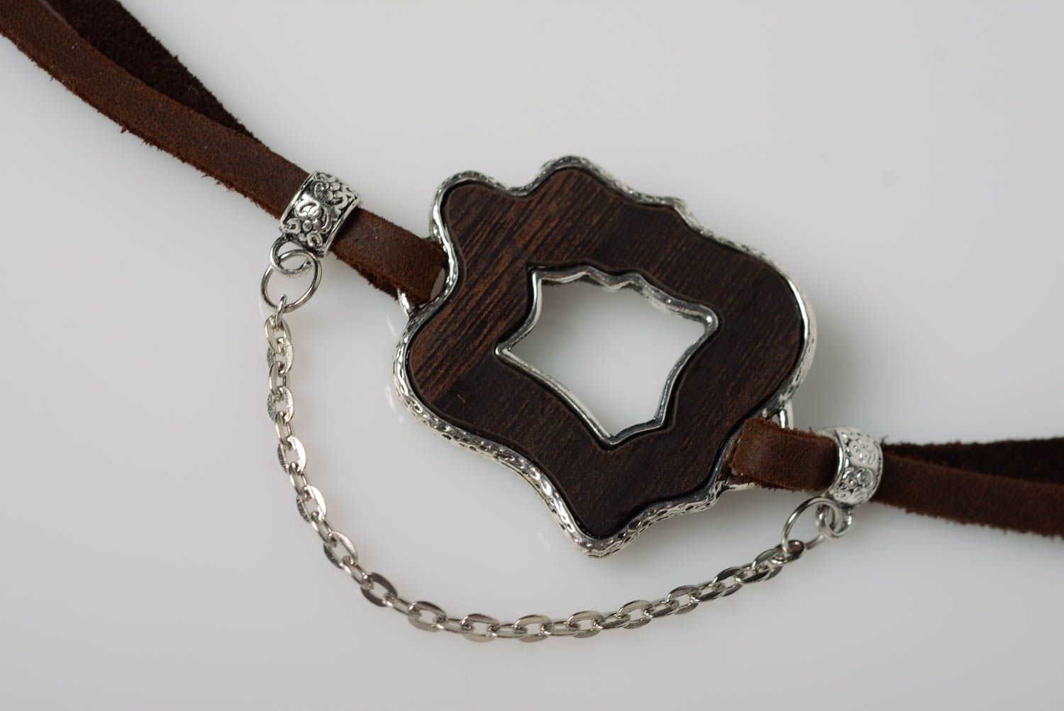 Unusual handmade designer genuine leather bracelet with insert and chain photo 2