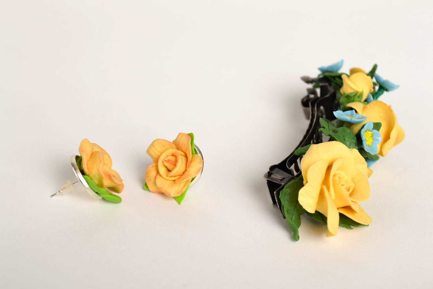 Schmuck Set handmade Blumen Ohrringe in Gelb Haar Spange Mode Accessoires schön foto 2