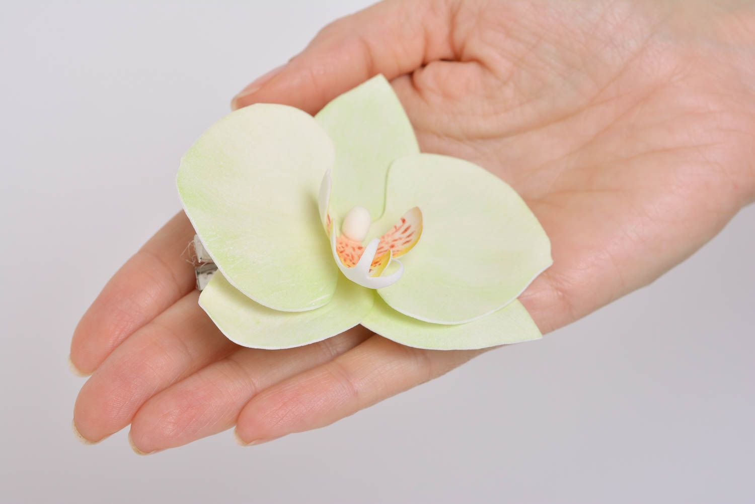 Designer homemade hair clip with metal basis and foamiran flower white orchid photo 3