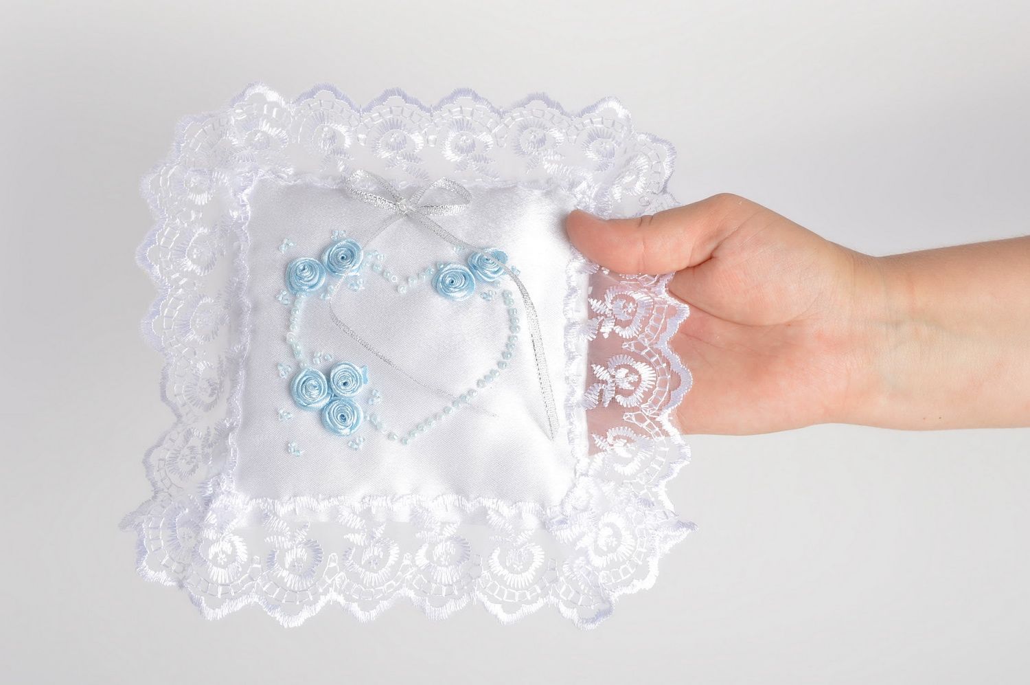 Beautiful designer handmade satin wedding ring pillow with lace and blue flowers photo 5