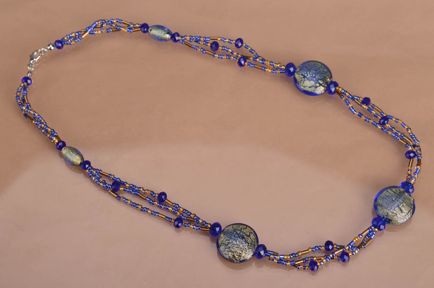 Handmade designer women's necklace with beads blue and golden festive stylish photo 2